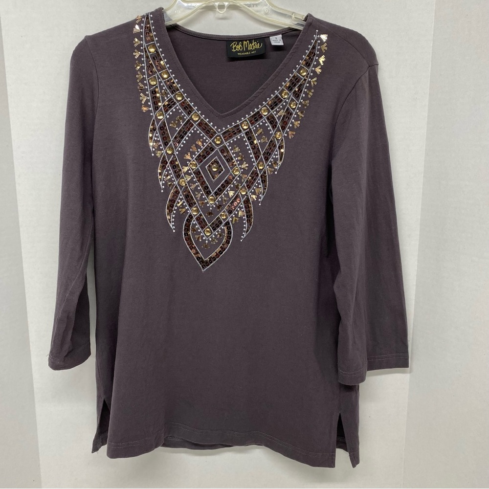 Bob Mackie Size Small Wearable Art V-Neck Brown Popover Top Sequins Rhinestones